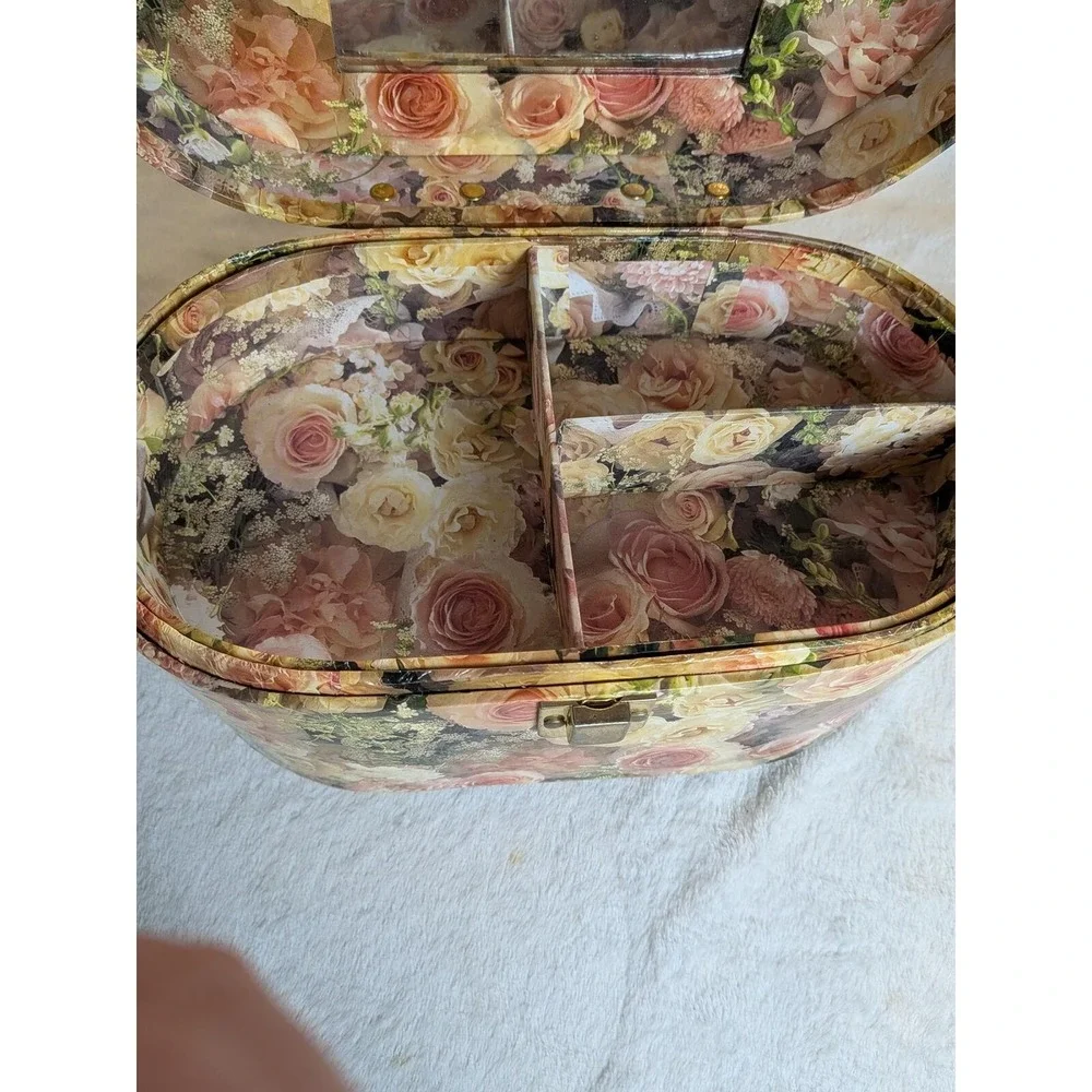 Vintage 90s Floral Decoupage Rose Print Storage Train Case Cottage Core